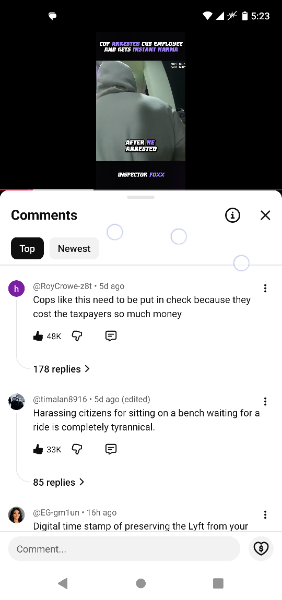 Comentários do YouTube sobre um vídeo de policial assediando cidadãos. Comentário principal: 'Policiais assim precisam ser controlados porque custam muito dinheiro aos contribuintes' com 48K curtidas.
