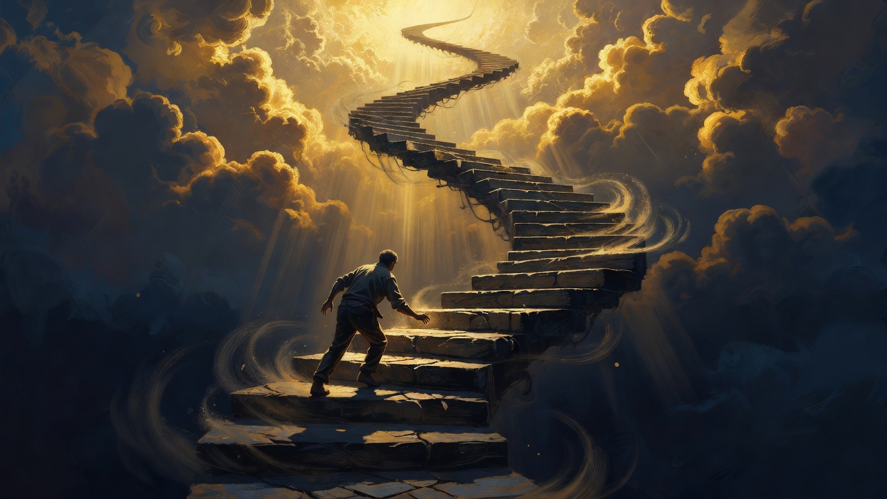 Uma figura solitária subindo uma escada em espiral que continua se construindo em direção a nuvens douradas