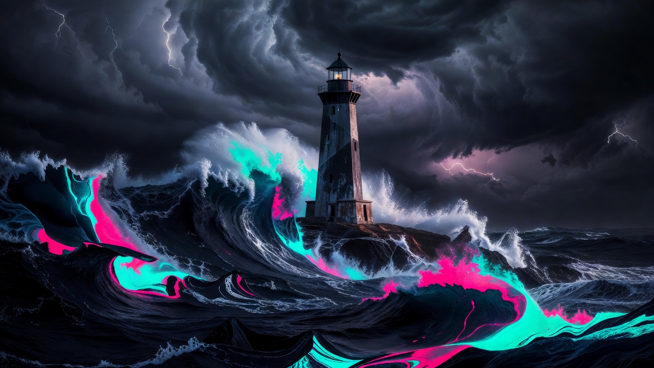 Um farol firme contra um mar escuro e revolto
