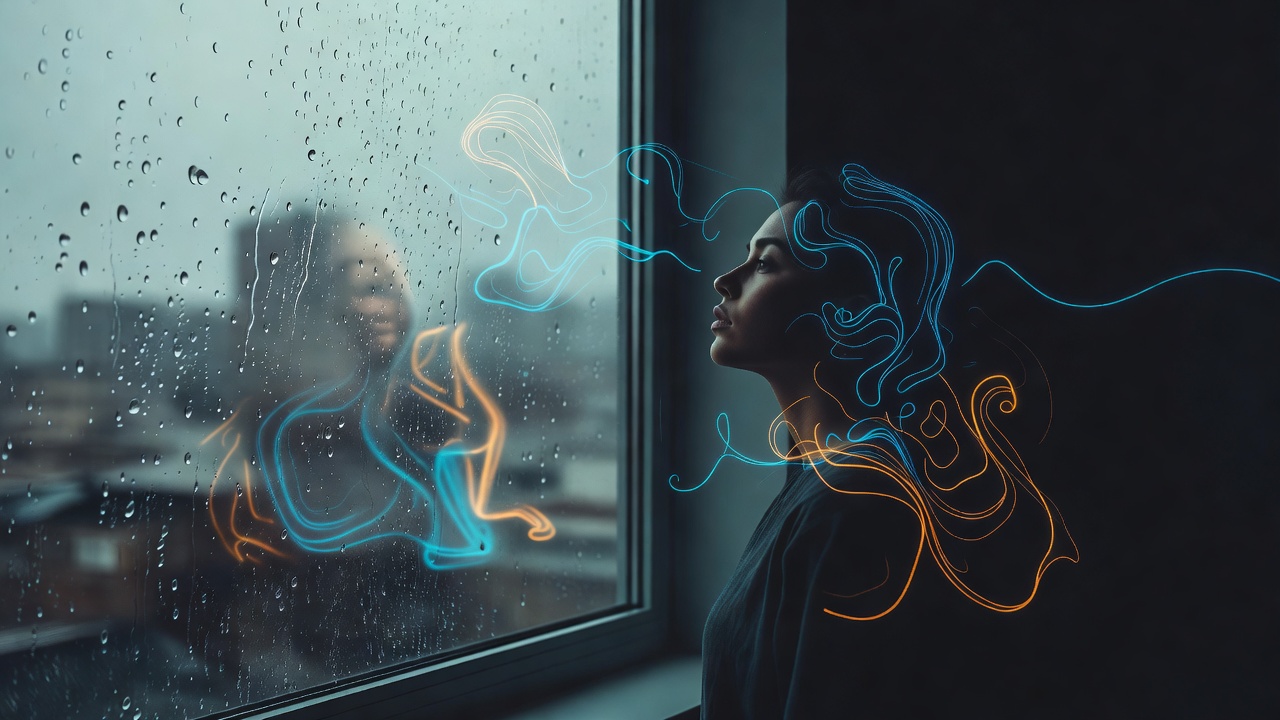Uma pessoa olhando por uma janela riscada pela chuva, com formas esboçadas se formando fracamente no reflexo