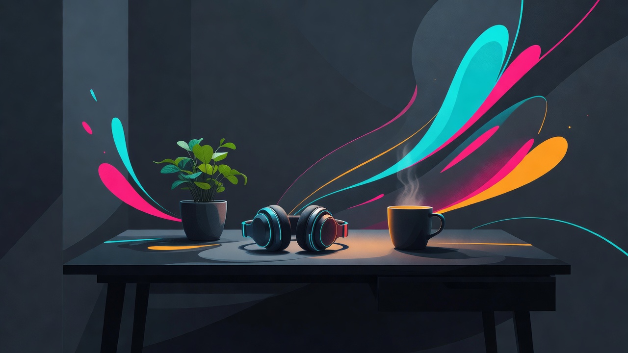 Uma mesa iluminada com uma planta, fones de ouvido e uma bebida quente, um trabalho que parece convidativo