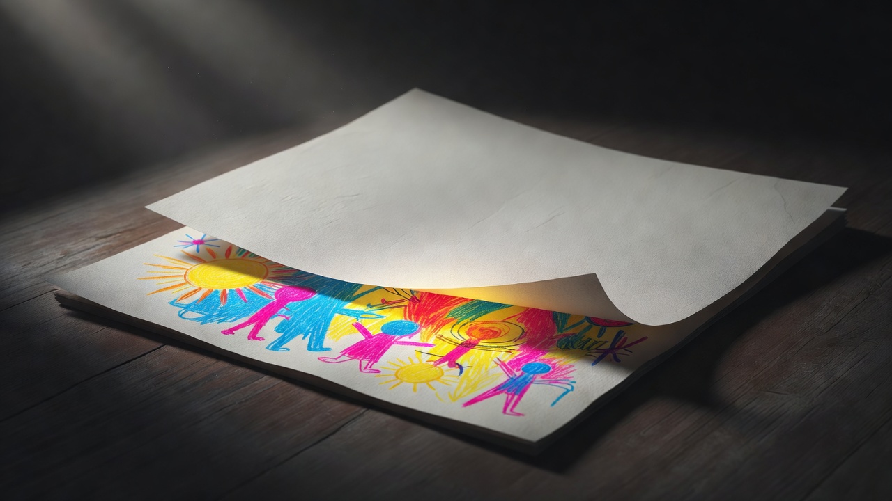 O desenho de uma criança meio escondido sob uma folha de papel em branco