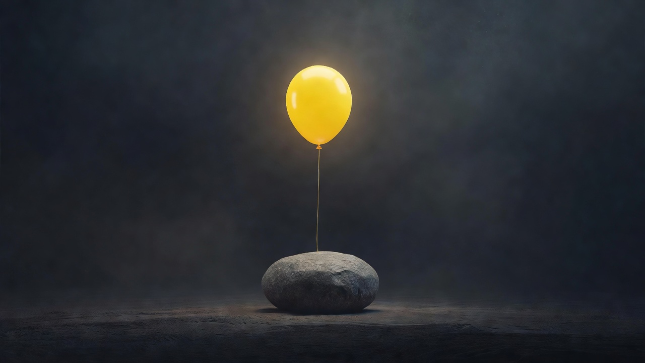 Um balão amarelo brilhante amarrado a uma pesada pedra cinza