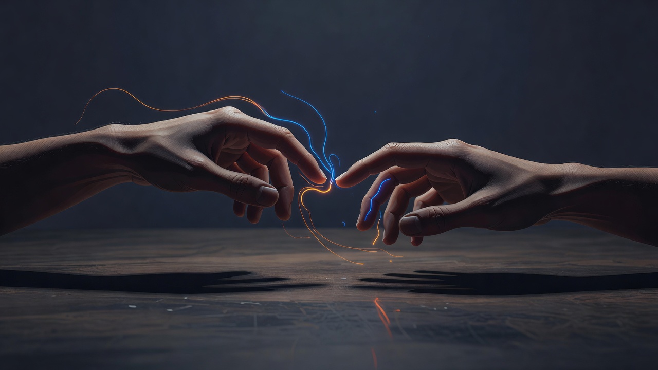 Duas mãos quase se tocando por cima de um pequeno vão sobre uma mesa de madeira sob luz suave
