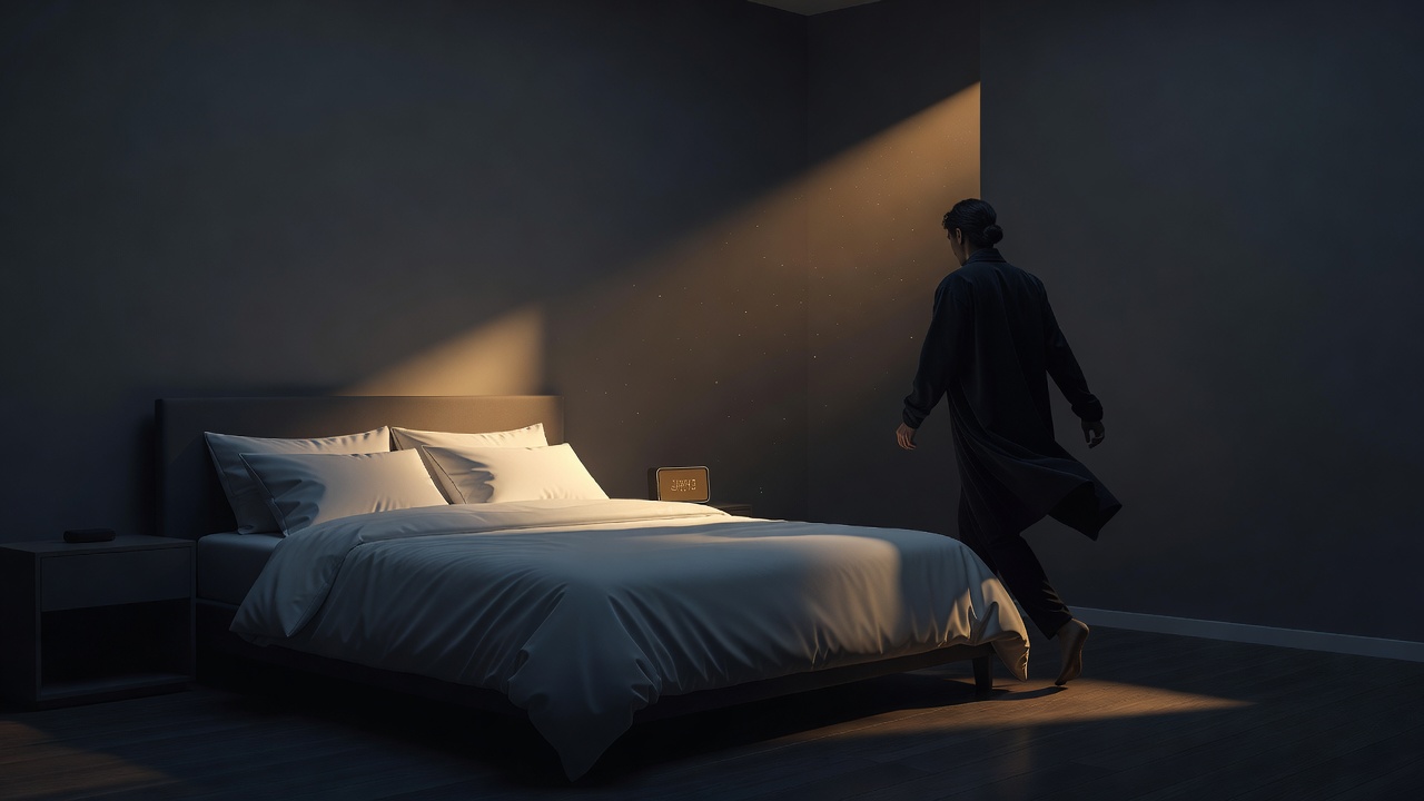 Um despertador ao amanhecer e uma cama arrumada, alguém já de pé e em movimento sob luz suave