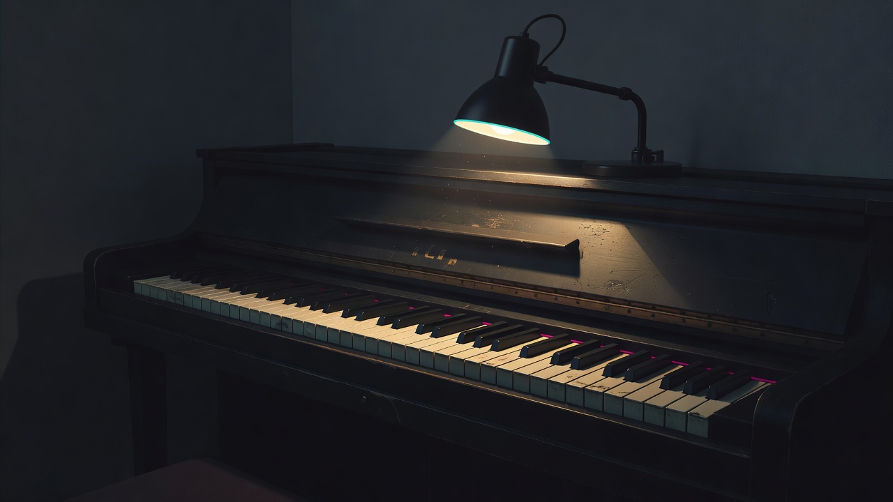 Um teclado de piano gasto e solitário iluminado por uma luminária focada num quarto escuro tarde da noite