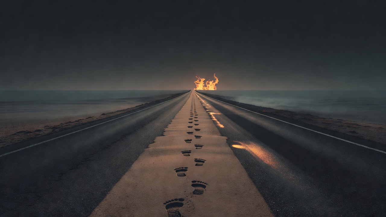 Uma única estrada longa e reta que se estende até um horizonte distante ao amanhecer, com pegadas frescas que seguem em frente