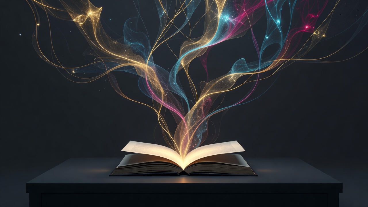 Um livro de histórias aberto com tênues fios de luz subindo da página em ideias que se ramificam