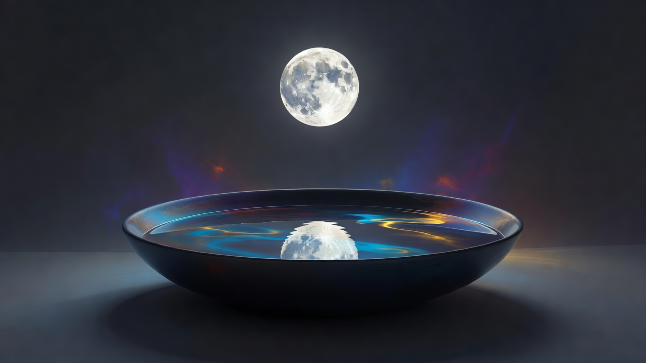 Uma lua cheia refletida numa tigela de água parada