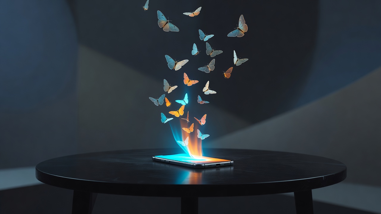 Um único smartphone brilhando virado para cima sobre uma mesa escura, lançando luz para cima