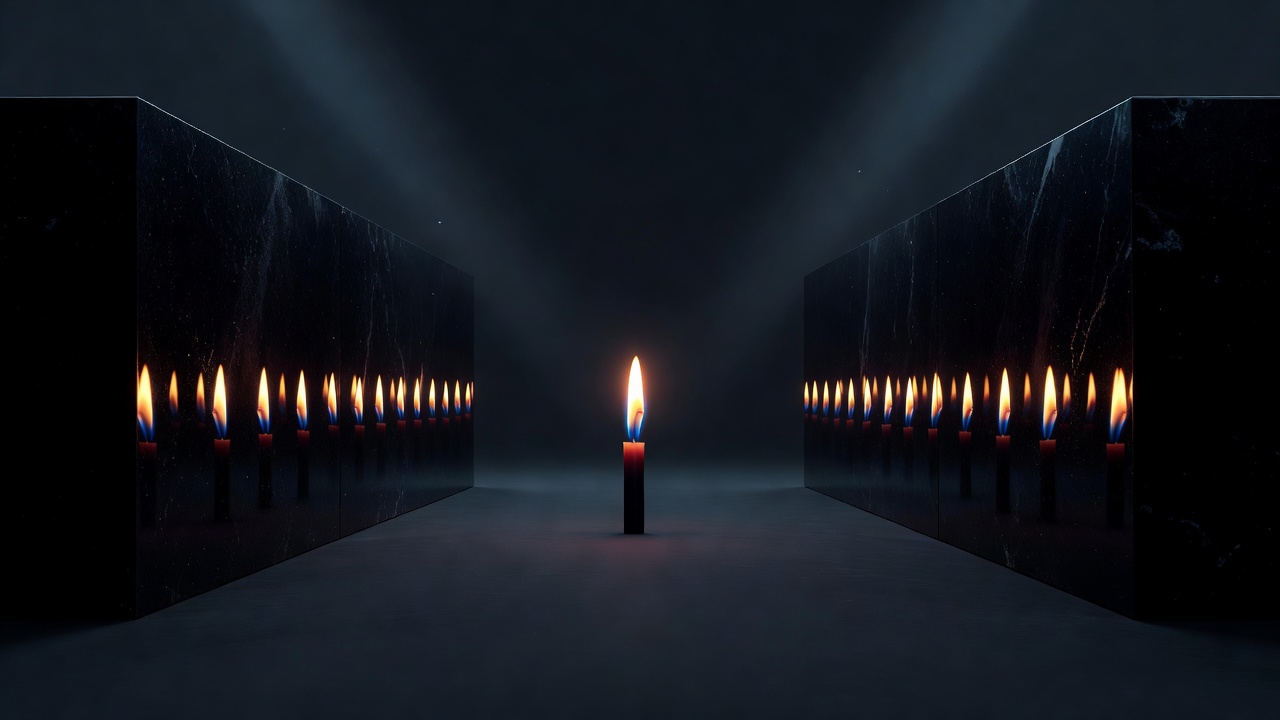 A chama de uma única vela refletida infinitamente entre dois espelhos frente a frente