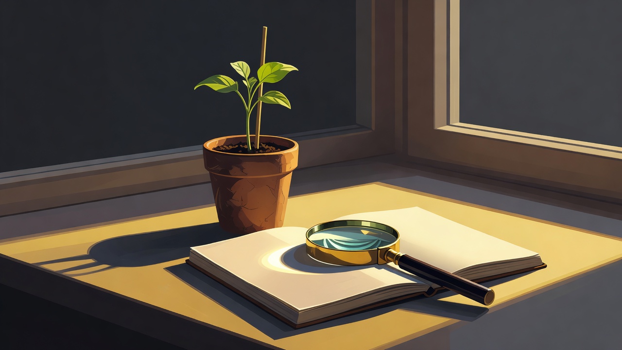 Uma pequena muda em um vaso ao lado de um caderno e uma lupa em um peitoril de janela iluminado