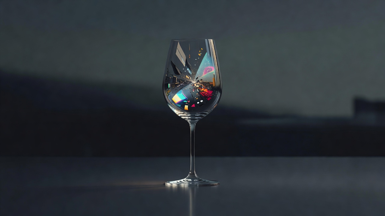 Uma única taça de vinho com o reflexo dentro dela não correspondendo à taça
