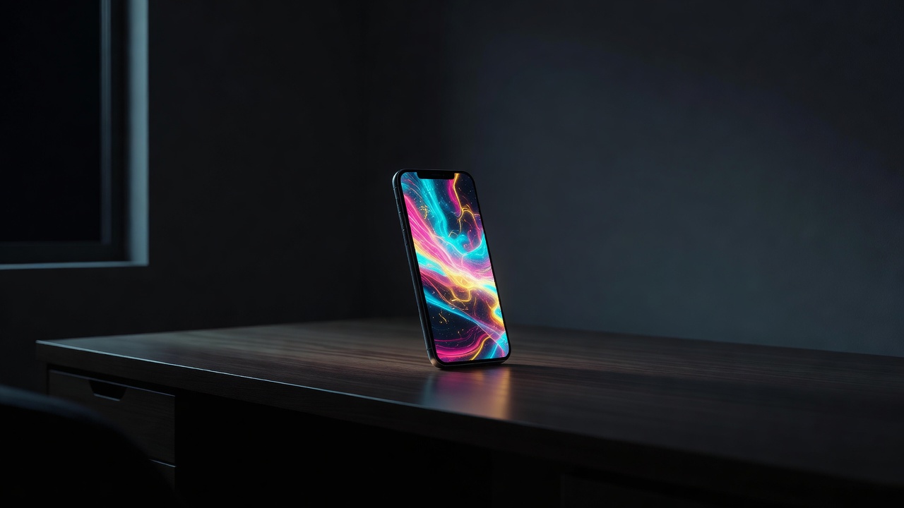 Um celular brilhando sobre uma mesa em um quarto escuro à noite