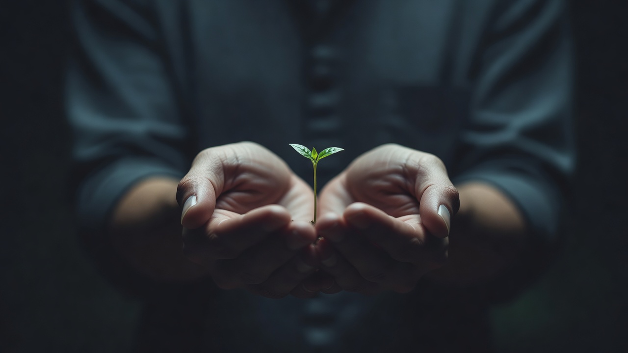 Mãos em concha segurando uma pequena muda verde sob luz suave