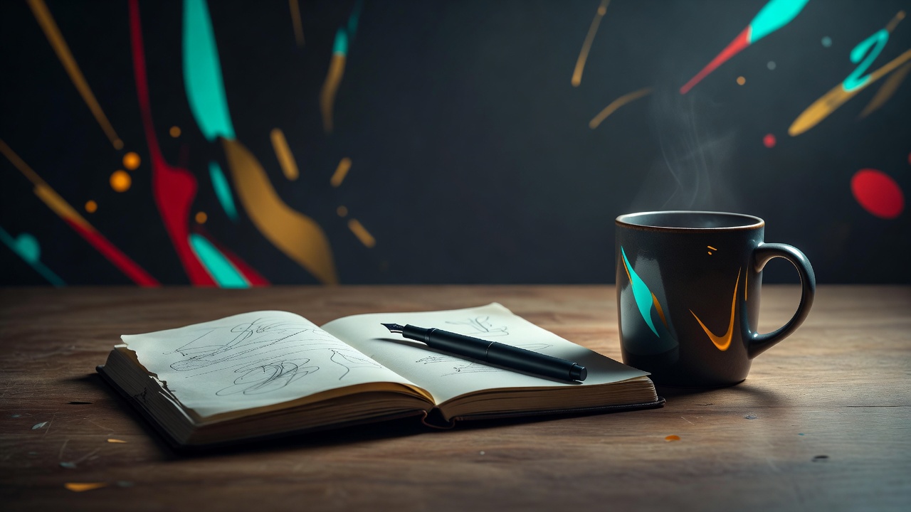 Um caderno bem usado aberto sobre uma mesa, uma caneta repousando no meio da página, uma rotina matinal sugerida