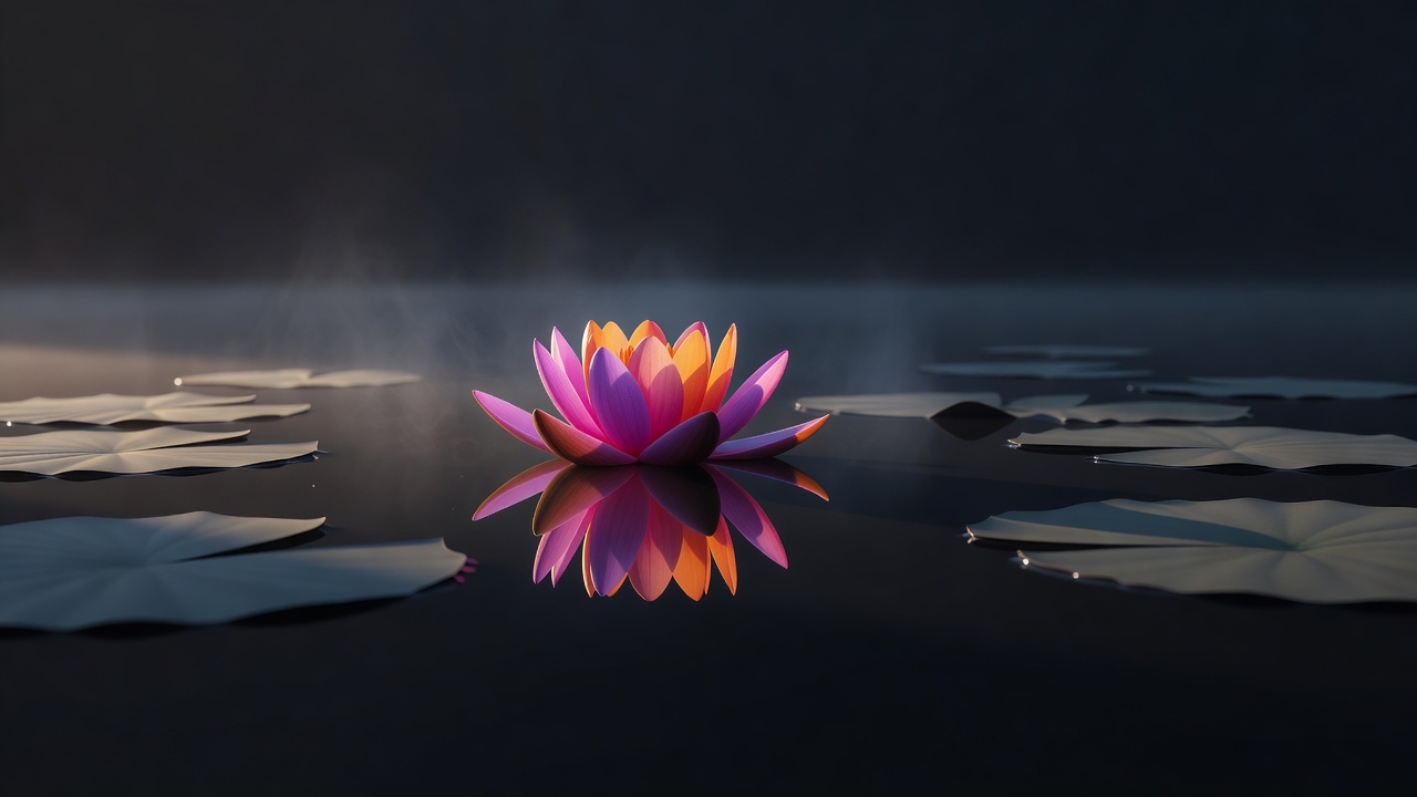 Uma vitória-régia se abrindo em um lago tranquilo sob a luz quente da manhã