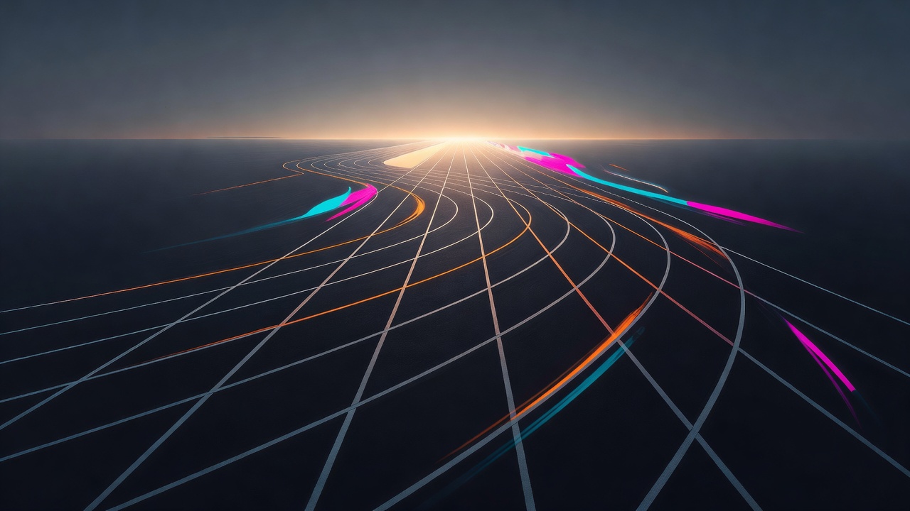 Seis raias de uma pista de corrida curvando-se em direção a uma linha de chegada iluminada ao amanhecer