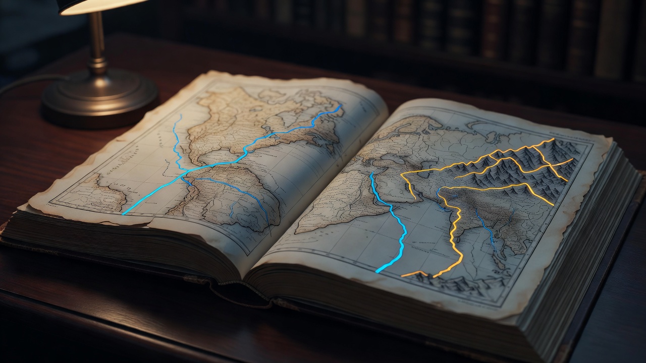 Um atlas antigo aberto com mapas delicados desenhados à mão sob a luz quente de uma biblioteca