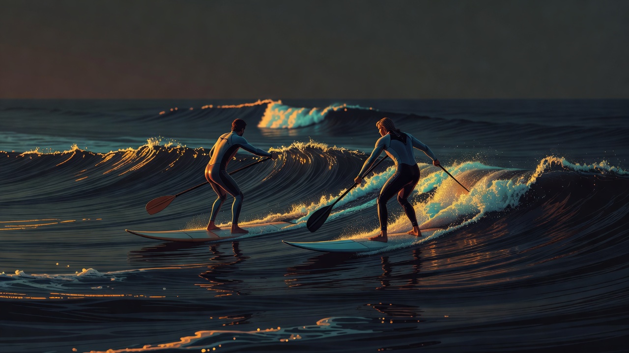 Dois surfistas remando lado a lado em direção à mesma série de ondas ao amanhecer