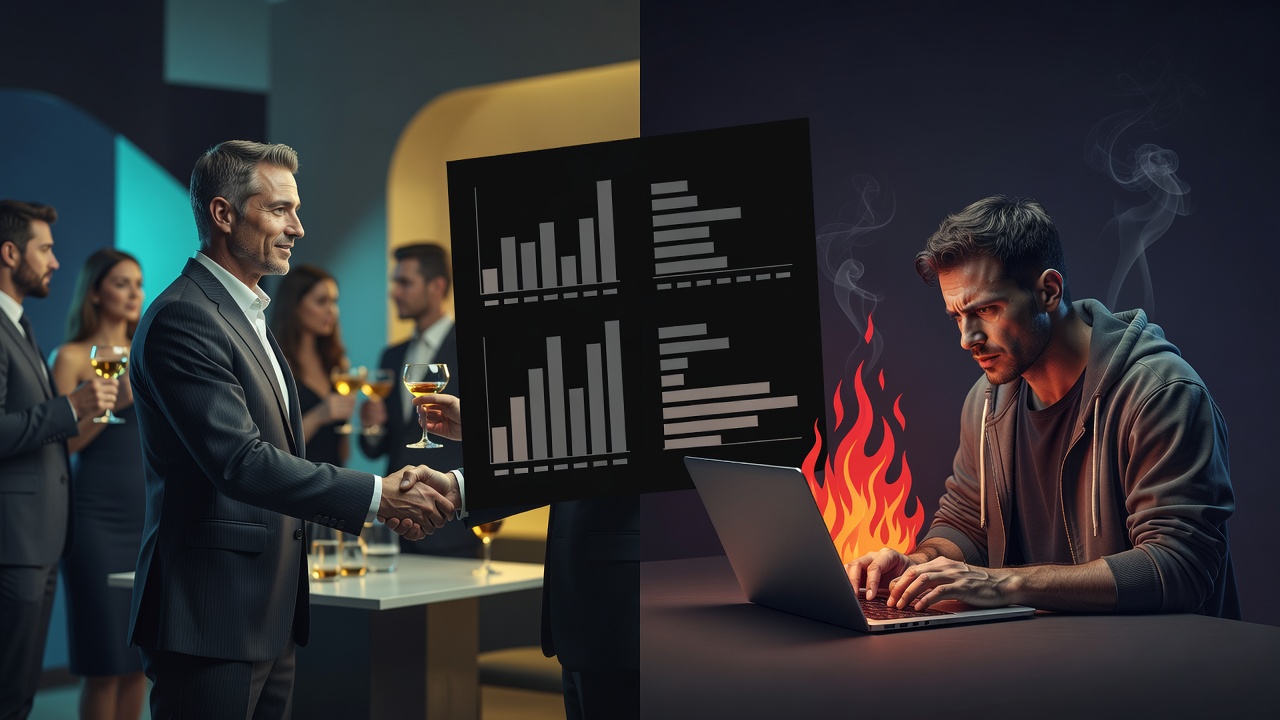 Um fundador apertando mãos num evento, o outro sozinho no laptop apagando um incêndio, um placar torto entre eles