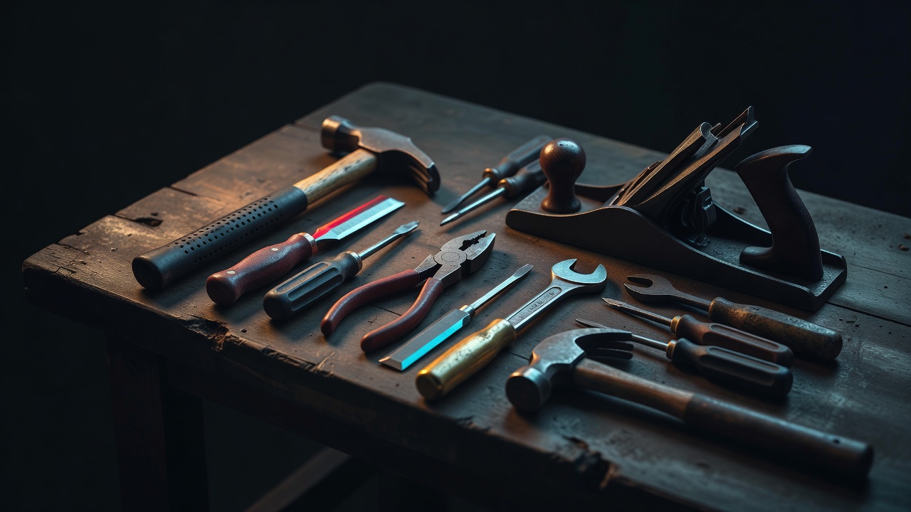 As ferramentas manuais gastas de um artesão dispostas com cuidado sobre uma bancada sob luz quente