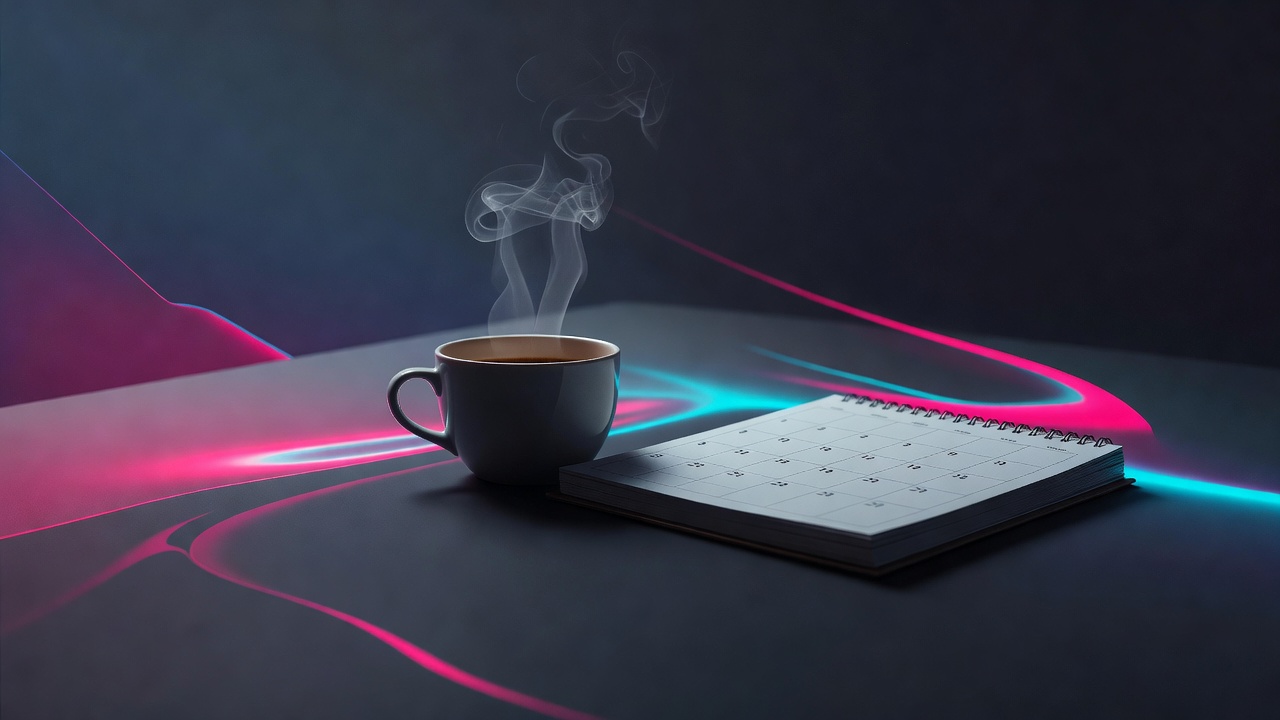 Uma xícara de café tranquila fumegando ao lado de um calendário fechado