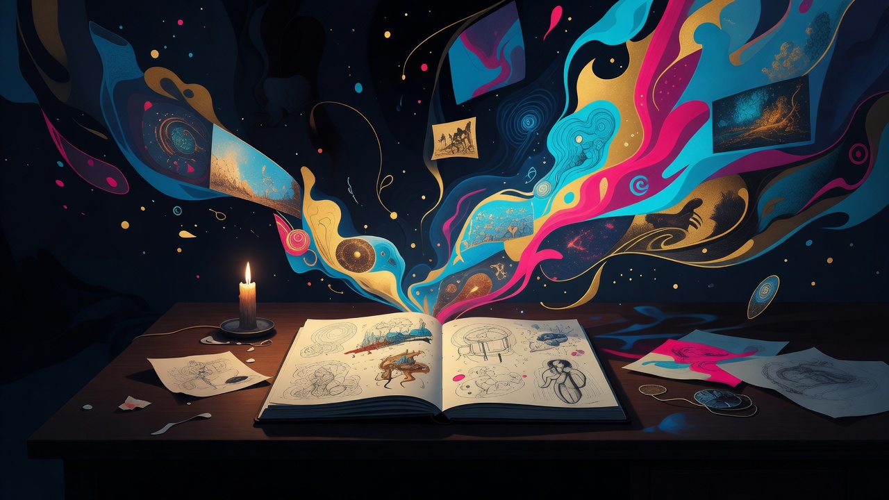 Uma escrivaninha iluminada por velas com um caderno aberto de esboços à noite