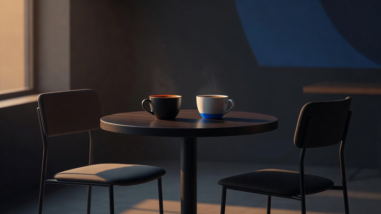 Duas xícaras de café sobre uma mesinha de café com duas cadeiras vazias viradas uma para a outra sob a luz quente da tarde