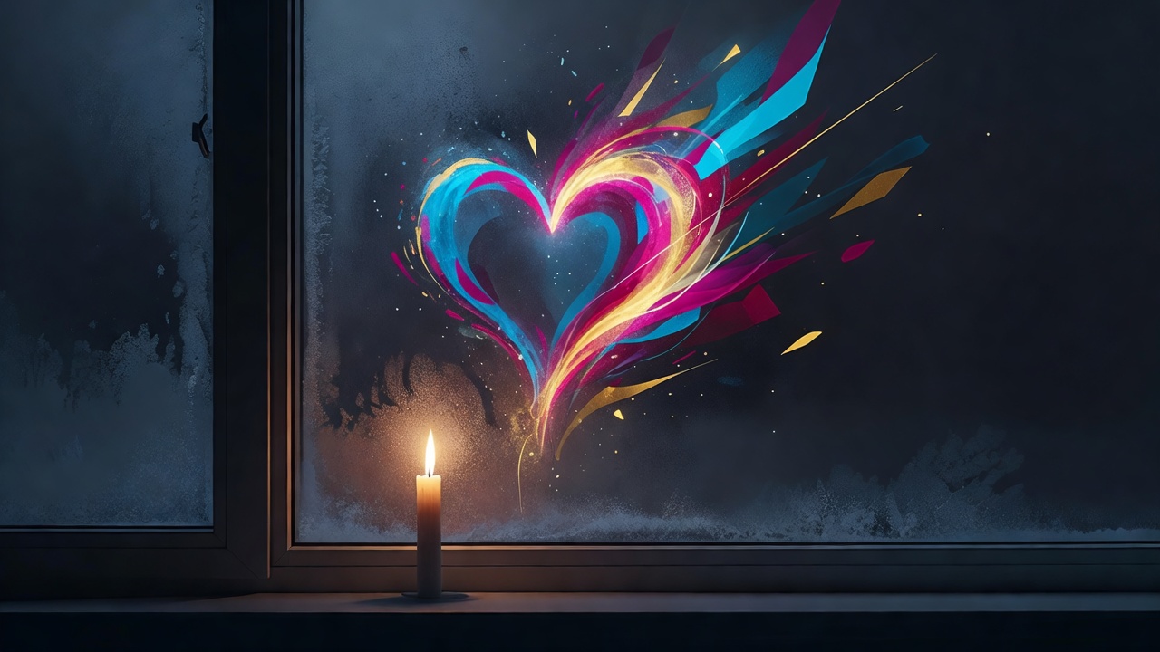 Uma única vela acesa numa janela coberta de geada à noite