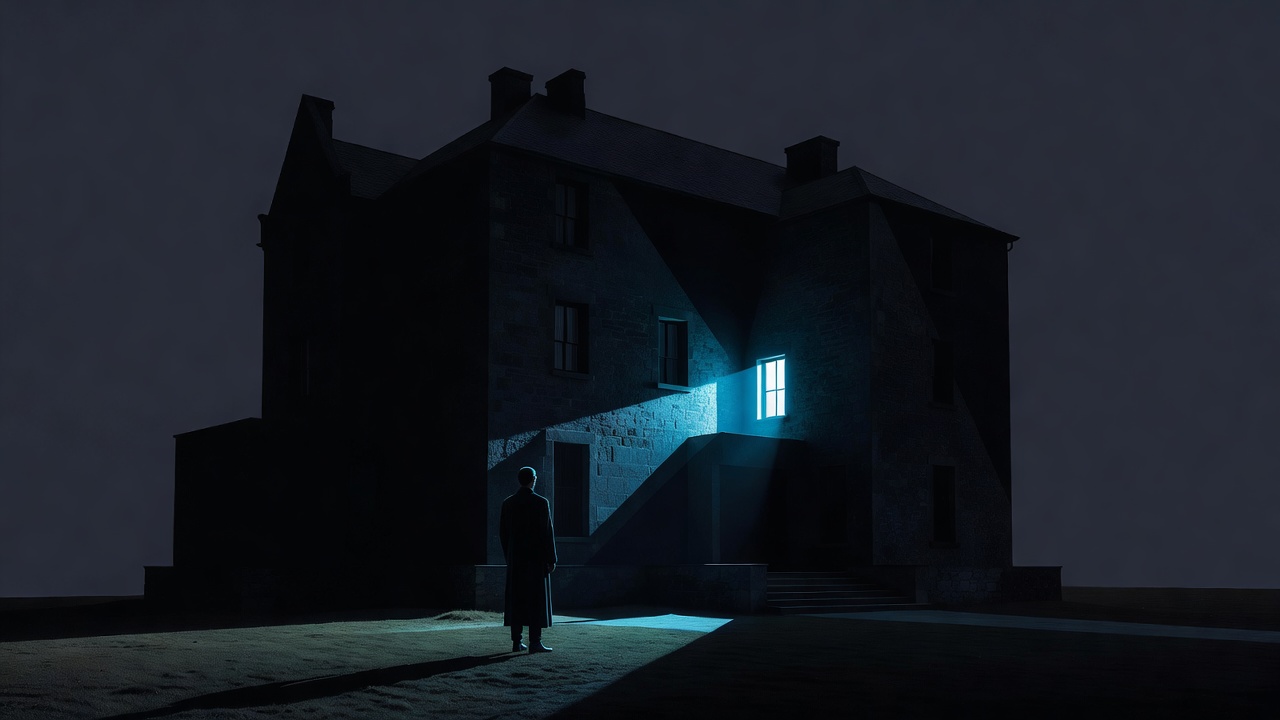 Uma pequena janela iluminada em uma grande mansão escura durante a noite