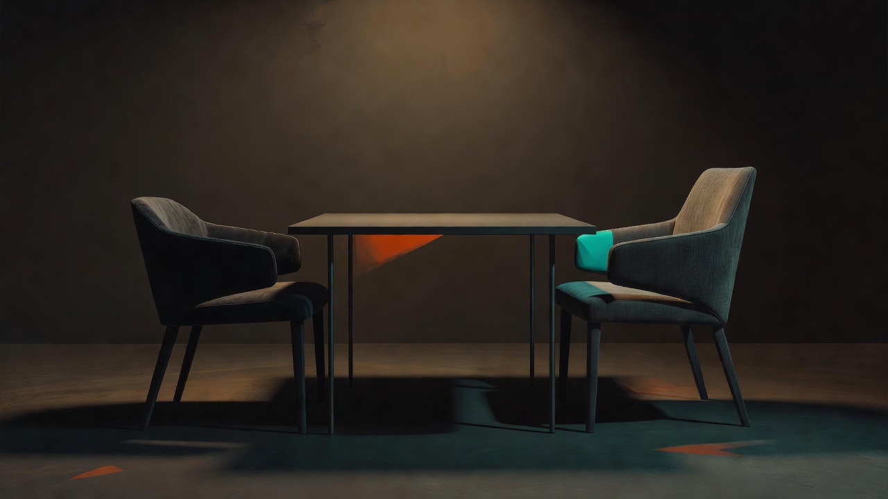 Duas cadeiras de frente uma para a outra sobre uma mesa pequena, sob luz quente
