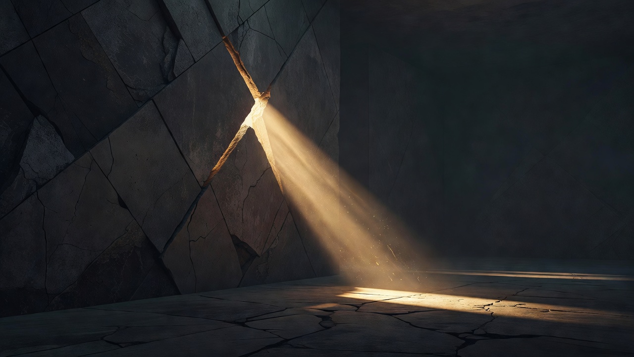 Um feixe de luz do sol atravessando uma parede rachada e entrando em um cômodo escuro