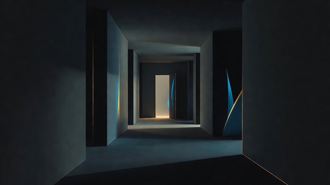 Uma única porta suavemente iluminada no fim de um corredor sombrio sob luz difusa