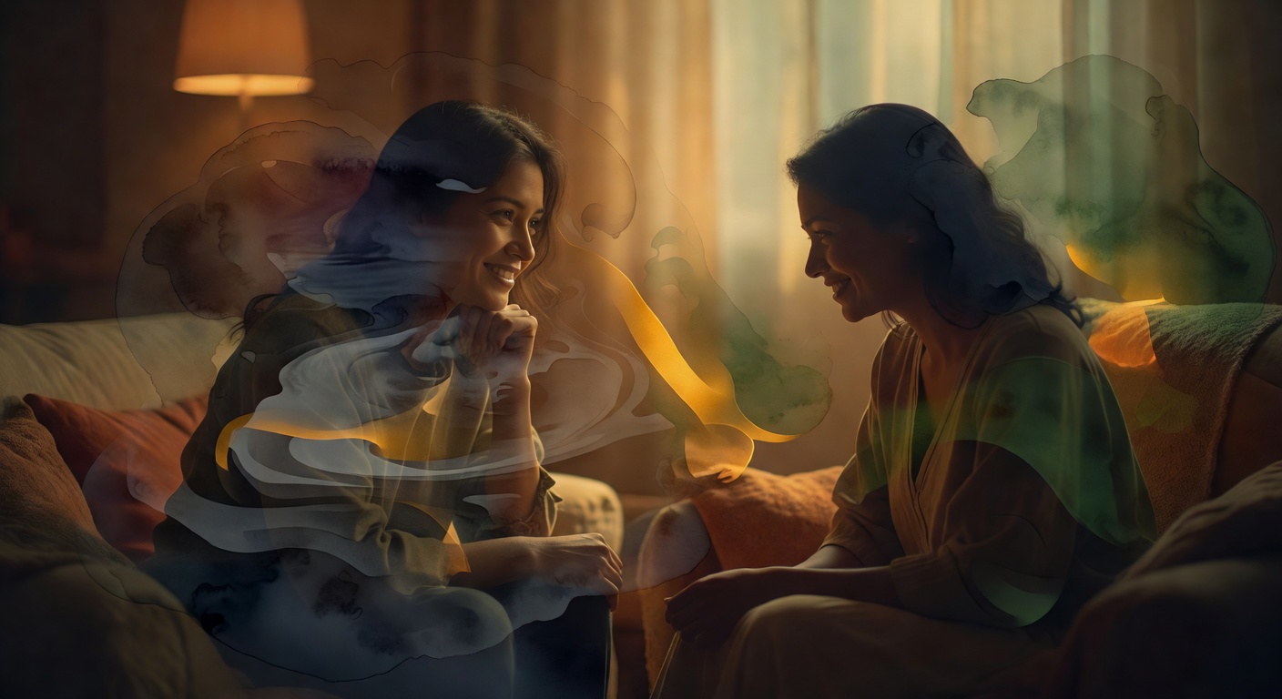Duas pessoas numa conversa gentil, uma escutando com atenção
