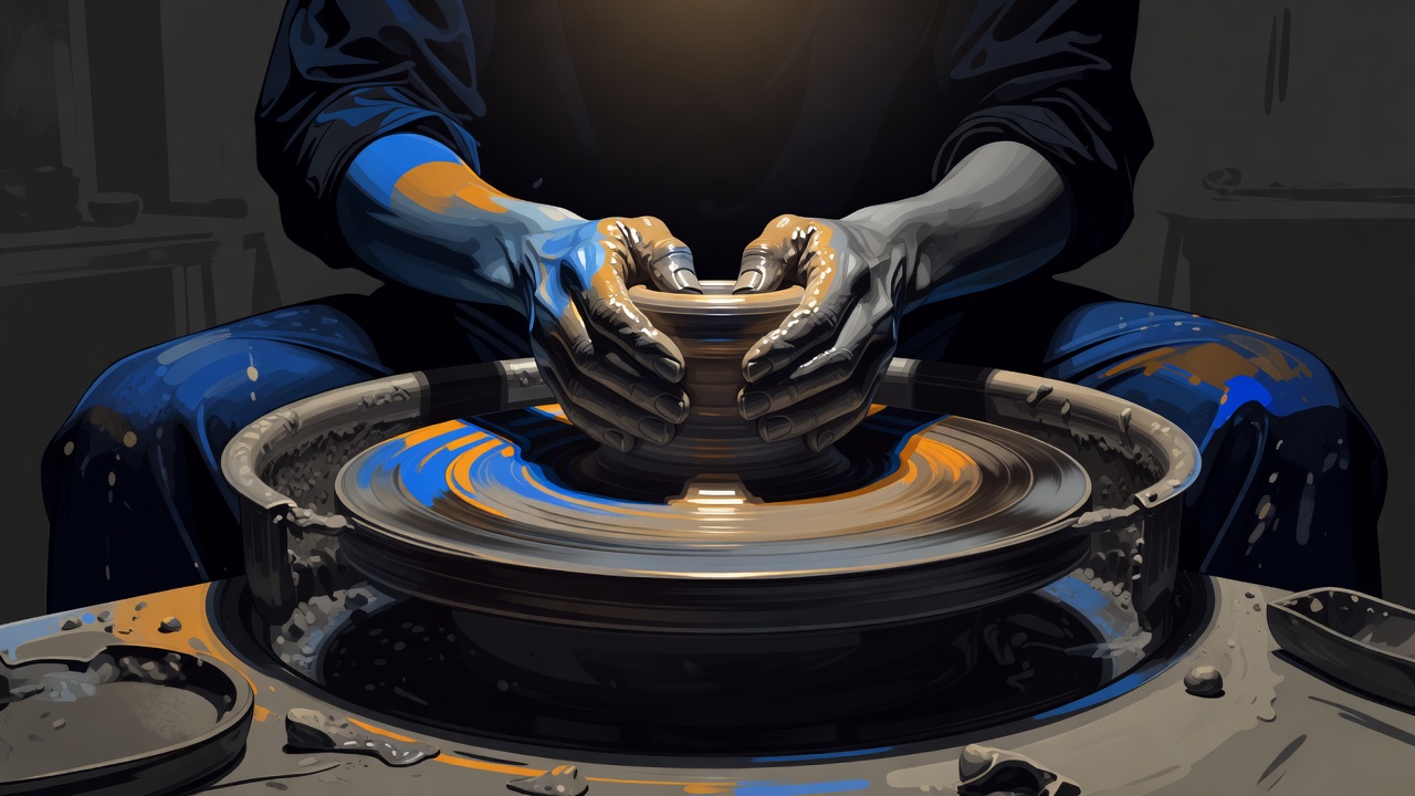 Um par de mãos centrado em uma roda de oleiro girando, totalmente absorto no trabalho
