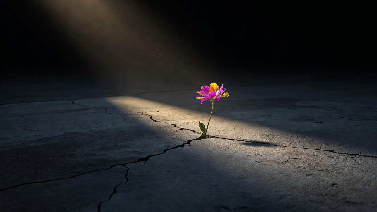 Uma única flor silvestre brotando por uma rachadura no pavimento cinza, captando a luz