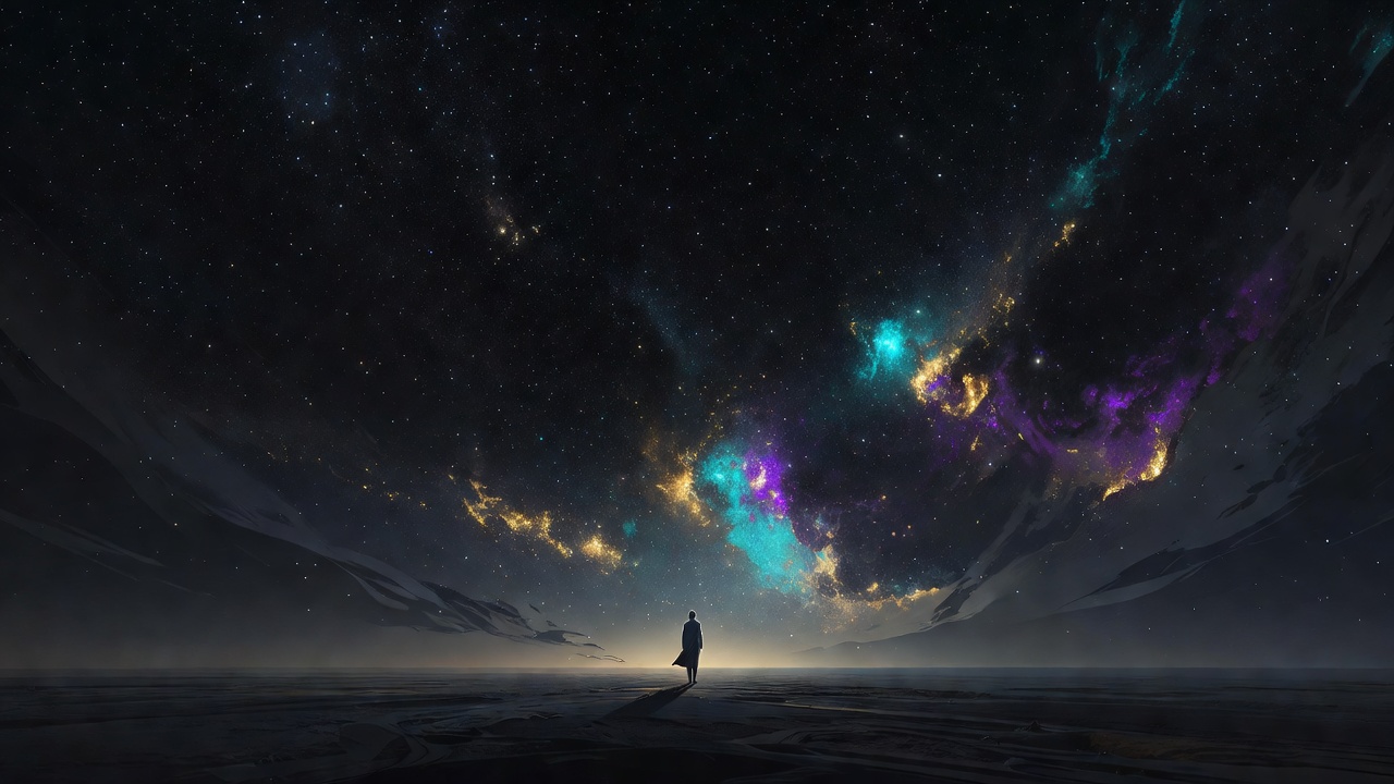 Uma figura solitária, pequena, sob um vasto céu noturno repleto de estrelas