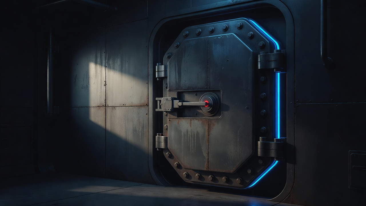 A porta de uma antepara estanque de um navio selada à luz calma da manhã