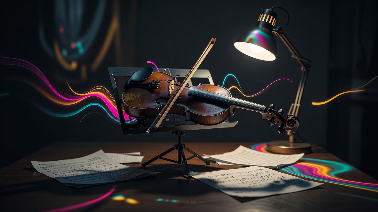 Um violino gasto deixado no meio da prática sobre uma estante sob uma única luminária tarde da noite