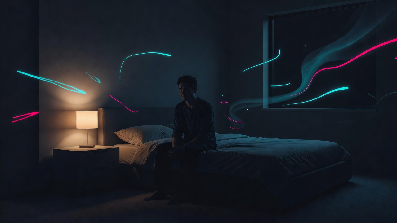 Uma única luminária acesa em um quarto escuro, alguém acordado com seus pensamentos perto da meia-noite
