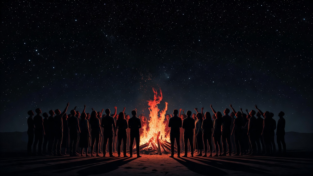 Uma multidão de silhuetas cantando juntas ao redor de uma fogueira sob as estrelas