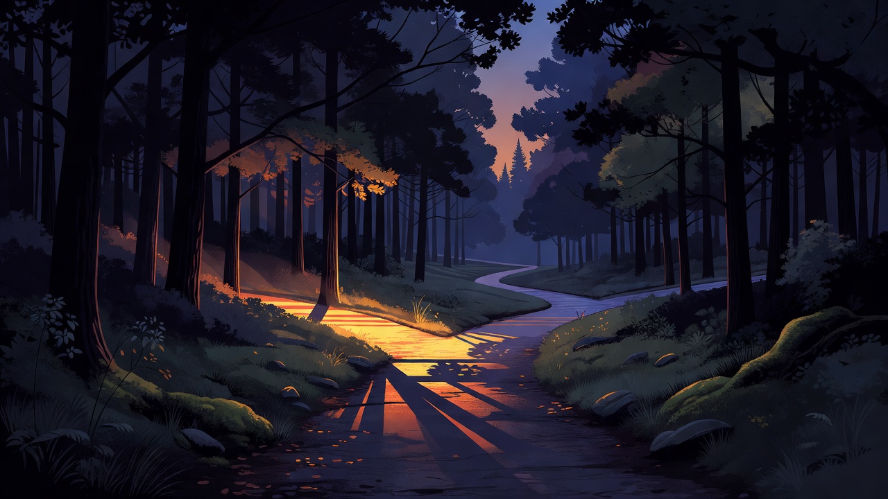 Um caminho que se bifurca numa floresta silenciosa ao anoitecer, com uma trilha sumindo na sombra