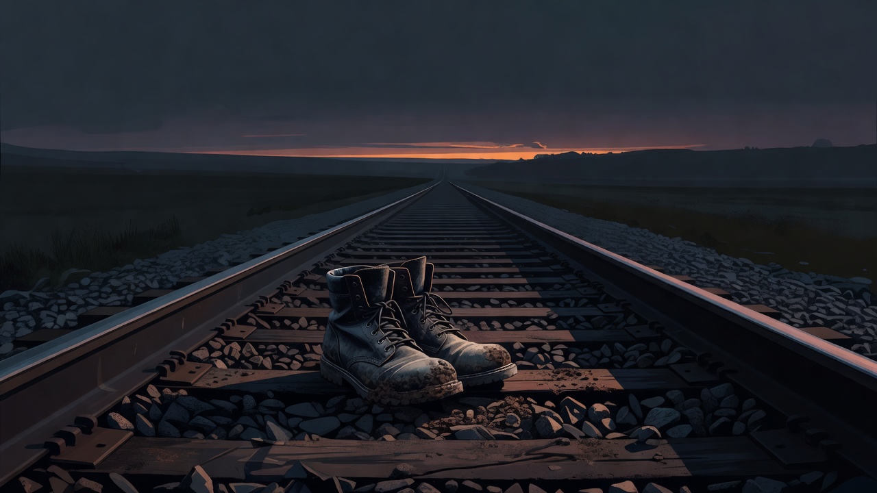 Um par de botas gastas e vazias ao lado de um trilho de trem ao anoitecer