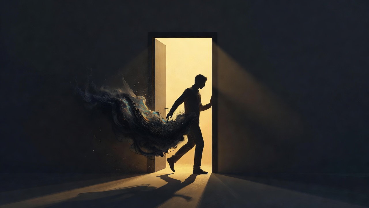 Uma pessoa saindo de uma porta escura para uma luz quente