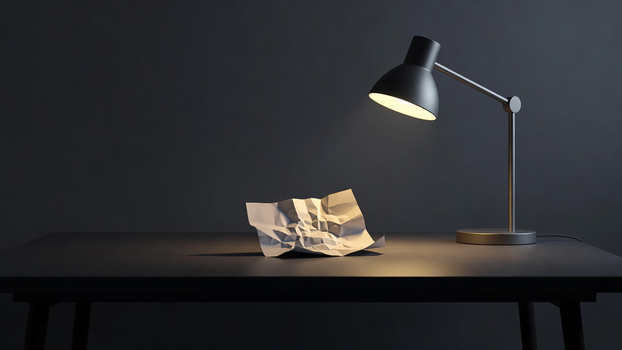 Um único bilhete amassado sendo alisado sob a luz quente de uma luminária de mesa