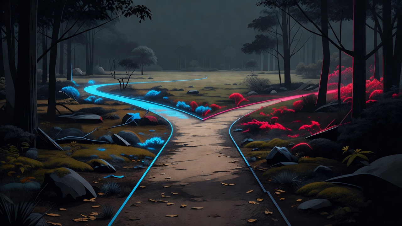 Um único caminho se dividindo em dois através de um bosque aberto