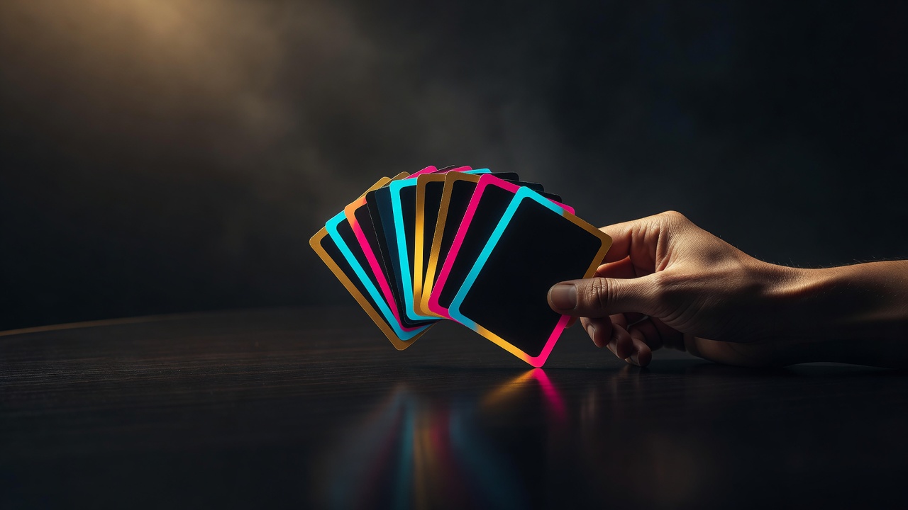 Uma mão de cartas segurada com firmeza, uma carta sendo jogada deliberadamente sobre a mesa