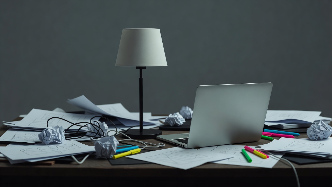 Uma única luminária apagada sobre uma mesa ao lado de um laptop fechado sob uma luz cinza e plana