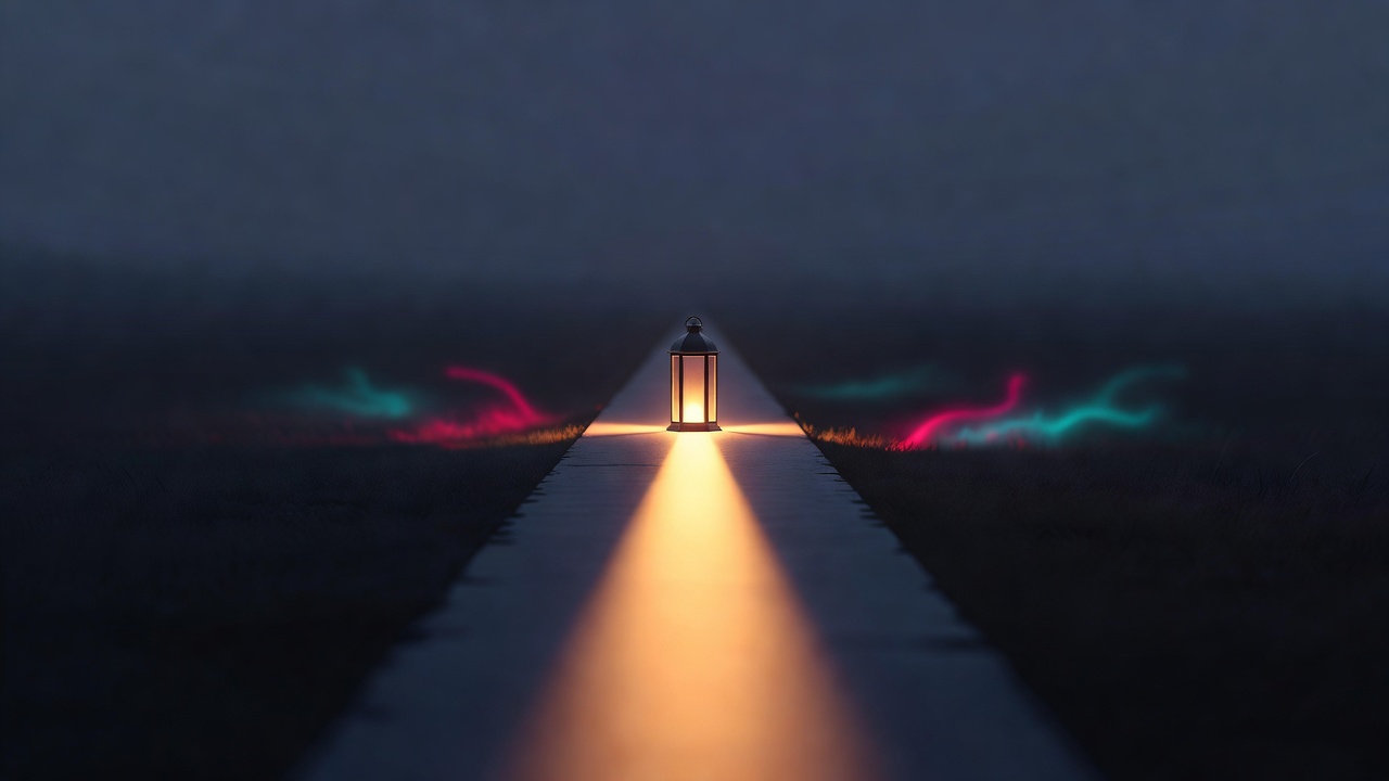 Uma única lanterna acesa concentrando sua luz em um caminho enquanto o campo ao redor permanece escuro